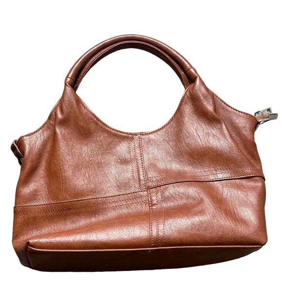 Brown Vegan Leather Satchel Handbag Cognac Top Handle Purse Work Bag - Picture 3 of 8